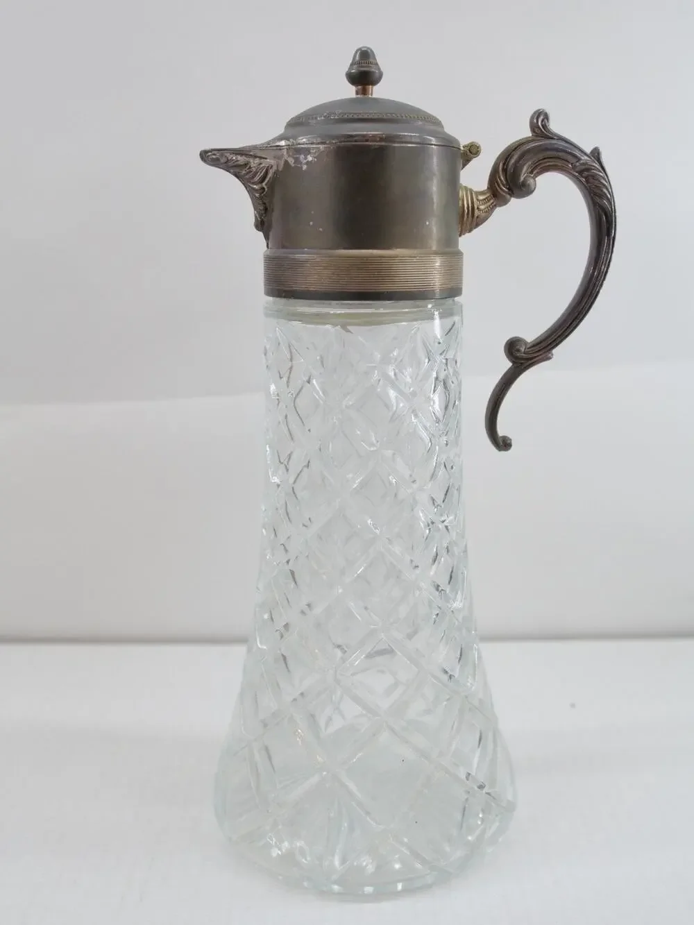 Vintage Glass Claret Carafe Pitcher Ewer Diamond Cut Silver Plate Lid Handle 14